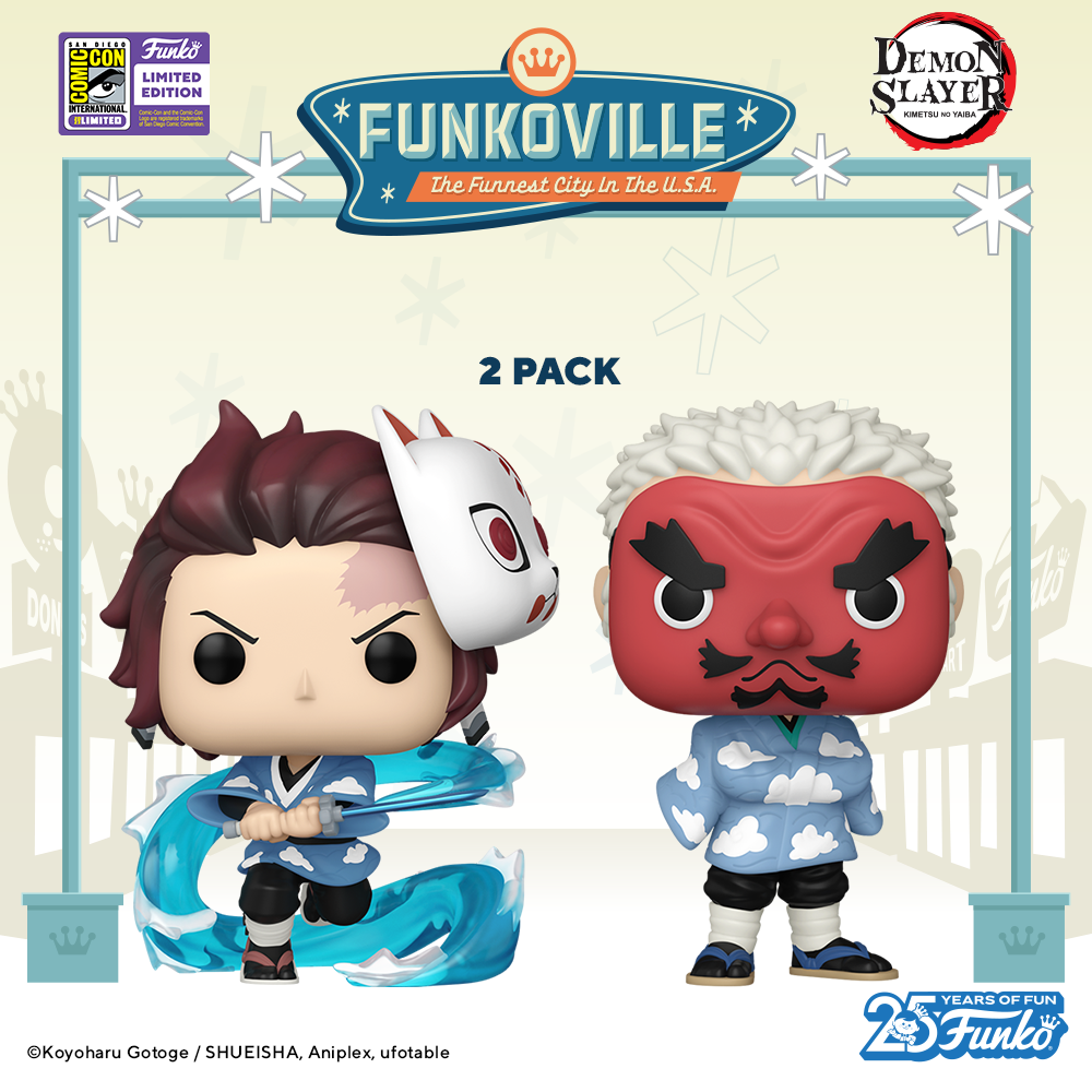This 2023 SDCC-exclusive 2-pack of Pop! Tanjito Kamado and Pop! Sakonji Urokodaki is ready to defend your Demon Slayer collection. Pop! Tanjiro has his sword drawn, slicing through the very air as he runs. Pop! Sakonji hides his gentle face behind an intimidating, red warding mask.